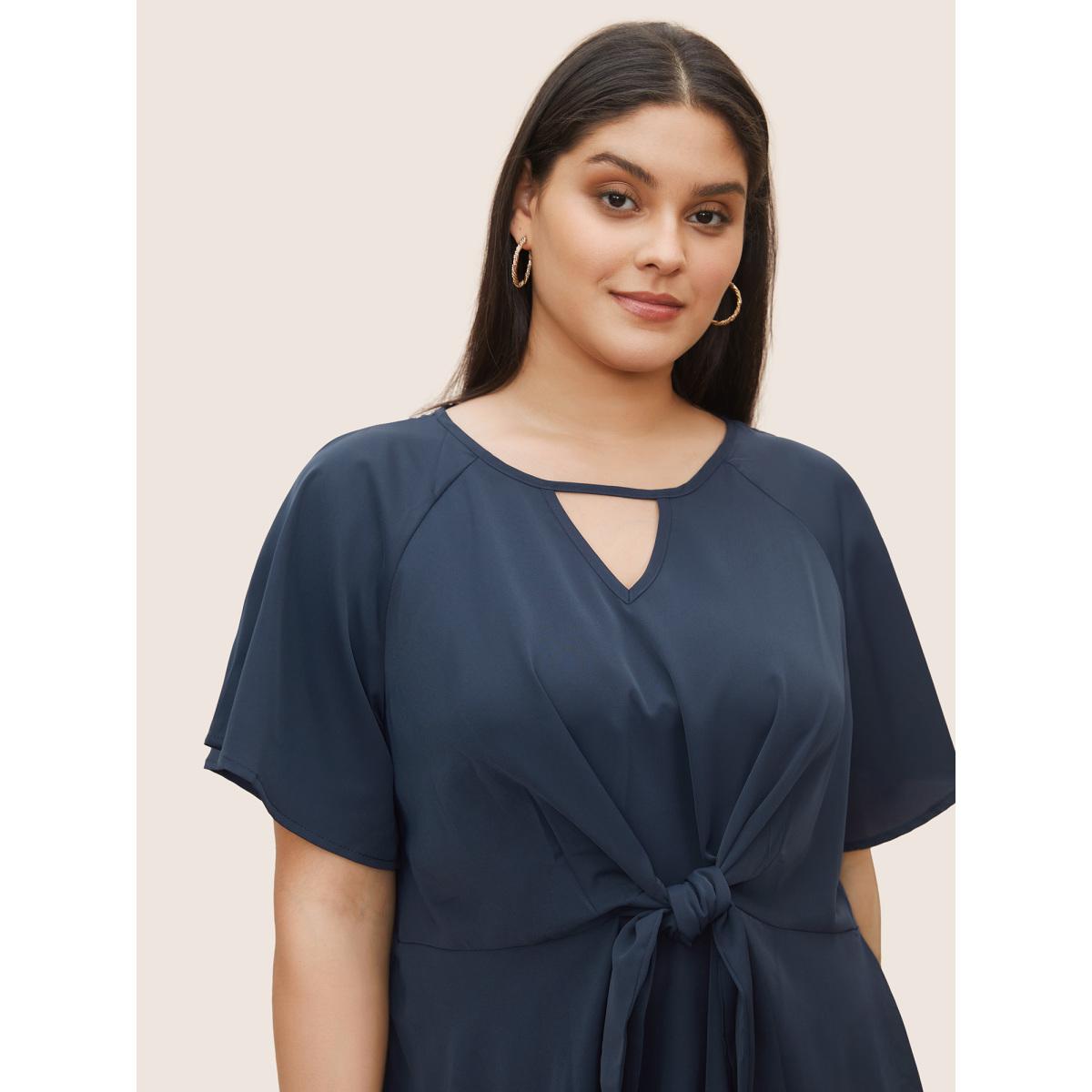 Plus Size Indigo Plain Keyhole Knotted Front Ruffle Sleeve Blouse Women Work From Home Short sleeve Round Neck Work Blouses BloomChic 26/4X Product Image