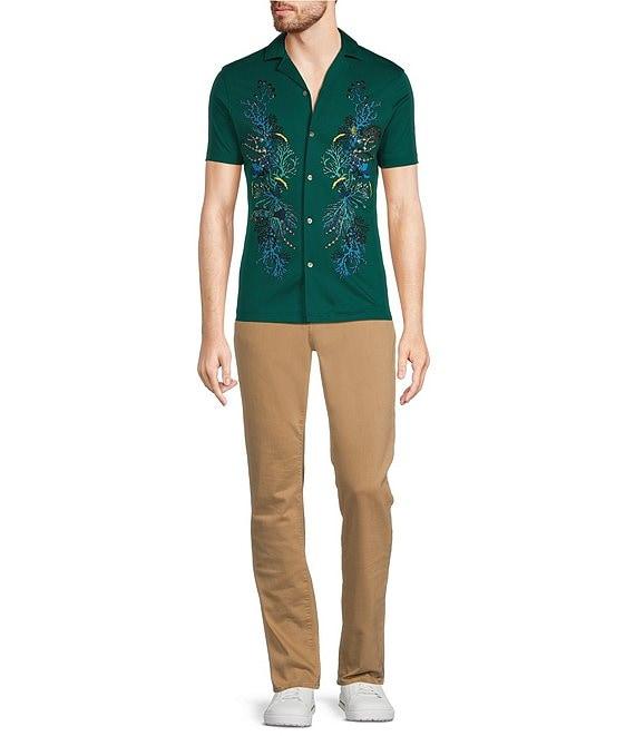 Murano Shape of Water Collection Slim Fit Placed Print Short Sleeve Woven Camp Shirt Product Image