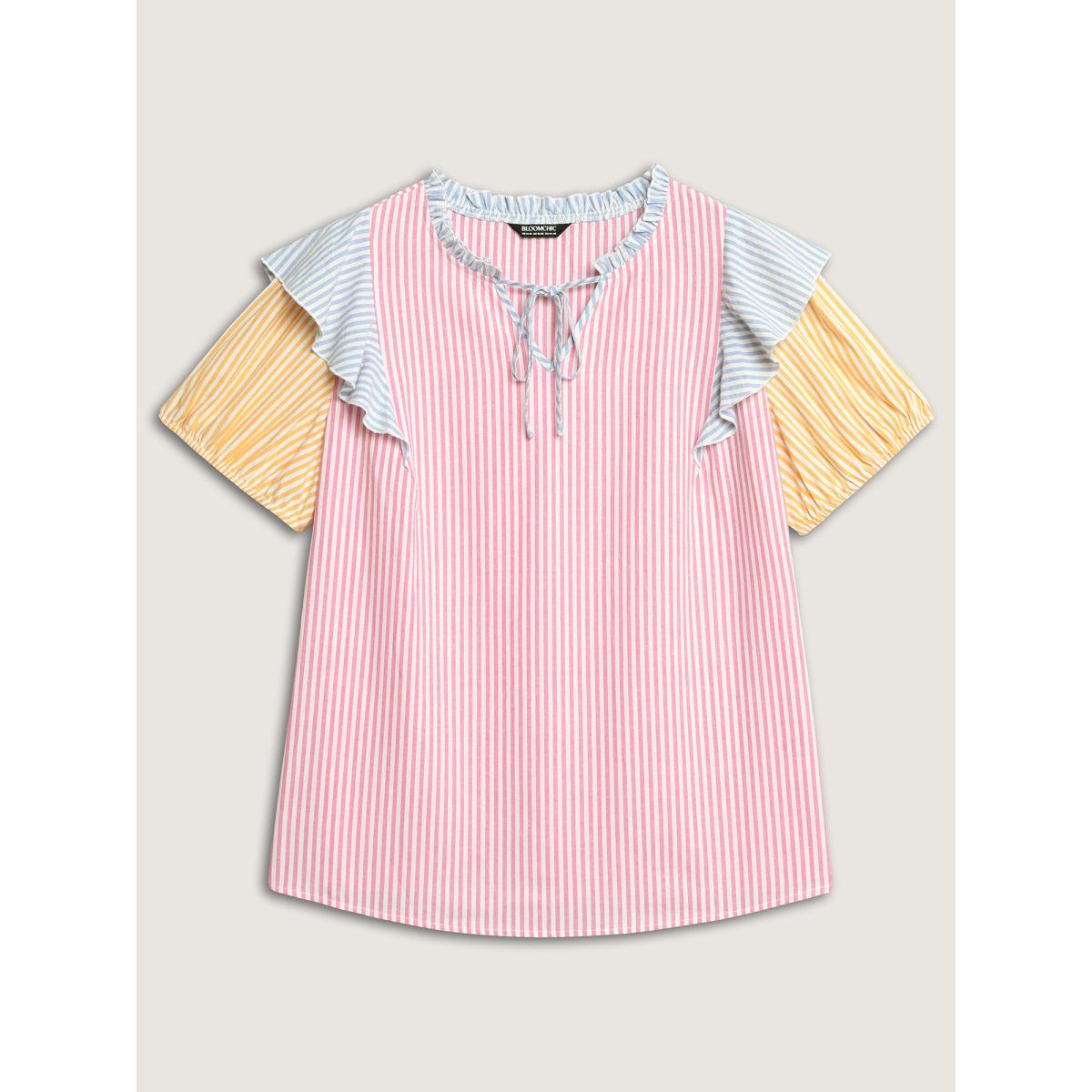 Plus Size Multicolor Cotton Colorful Stripes Ruffled Neck Tie Blouse Women Short sleeve Notched collar Everyday-Elegant Blouses BloomChic 22-24/3X Product Image