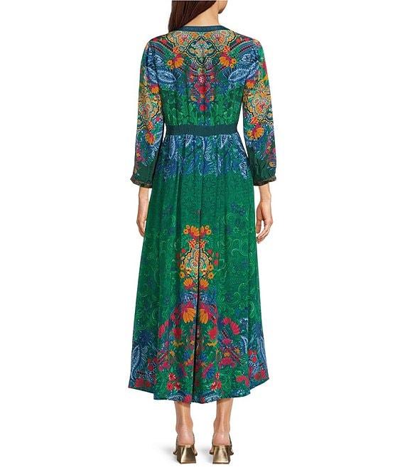 John Mark Floral Bohemian Print Sequin Y-Neck 3/4 Sleeve A-Line Midi Dress Product Image