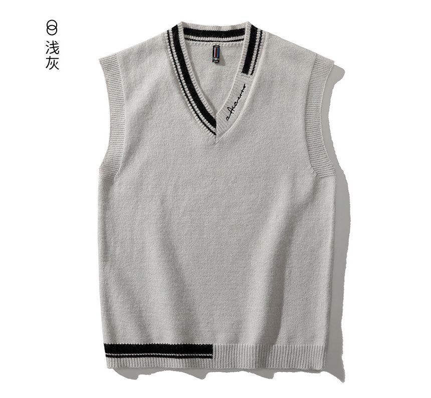 V-Neck Lettering Embroidery Contrast Trim Loose-Fit Sweater Vest Product Image
