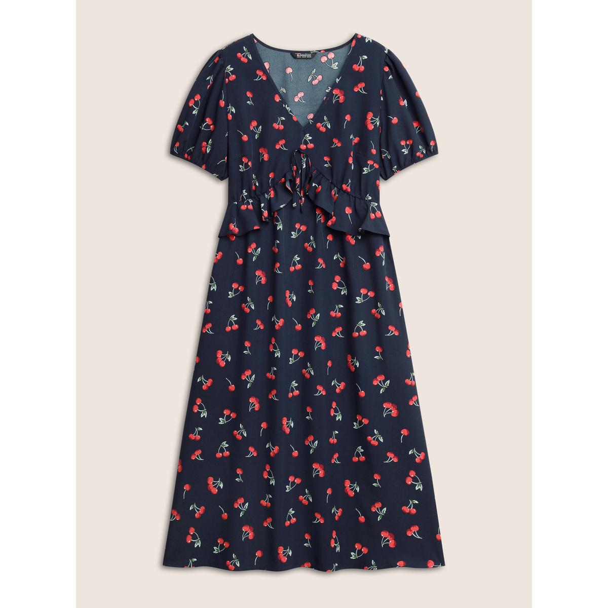 Plus Size Citrus Fruit Print Tie Knot Gathered Puff Sleeve Dress DarkBlue Women Elegant Tie knot V-neck Short sleeve Curvy Midi Dress BloomChic 18-20/2X Product Image