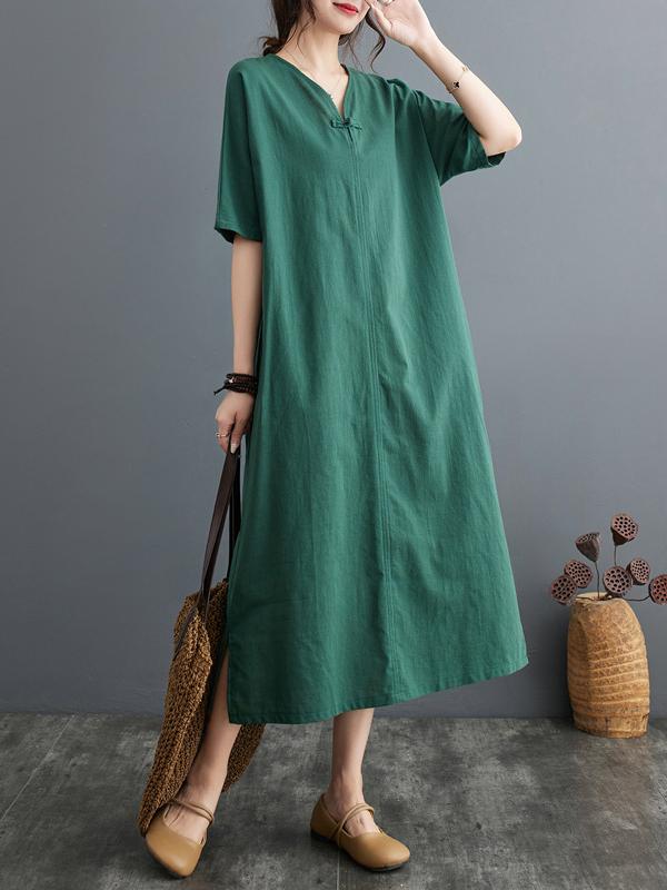 A-Line Loose Chinese Frog Buttons Pockets Solid Color Split-Side V-Neck Midi Dresses Product Image