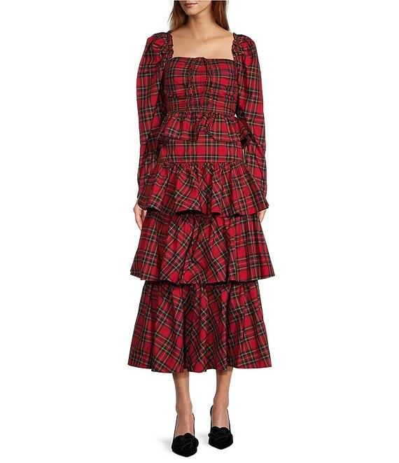 Antonio Melani Elvira Plaid Tie Square Neck Long Puffed Sleeve Blouse Product Image