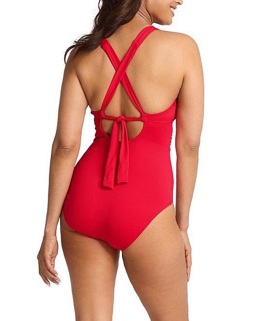 Tommy Bahama Pearl Novelty Solid Texture V-Neck Tortoise Shell Ring Tank Swimsuit Product Image