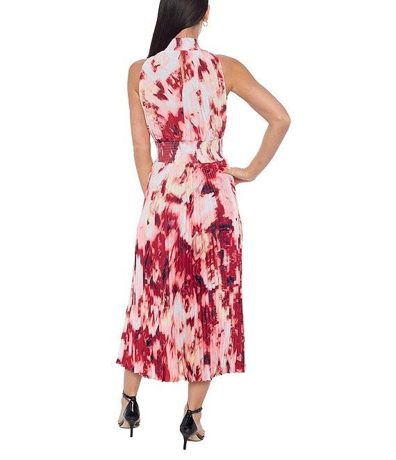 Marina Tie Dye Pleated Mock Neck Sleeveless A-Line Midi Dress Product Image