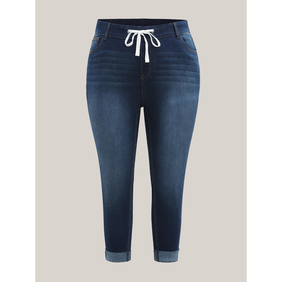 Plus Size Rolled Hem Cropped Skinny-Fit Jeans Women Denimindigo Leisure Medium stretch Slanted pocket Jeans BloomChic 12/L Product Image