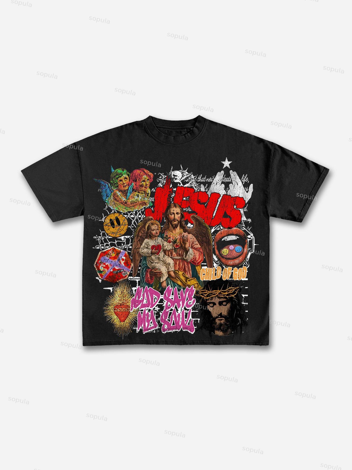 Jesus Graffiti Portrait Print Cotton T-shirt Product Image