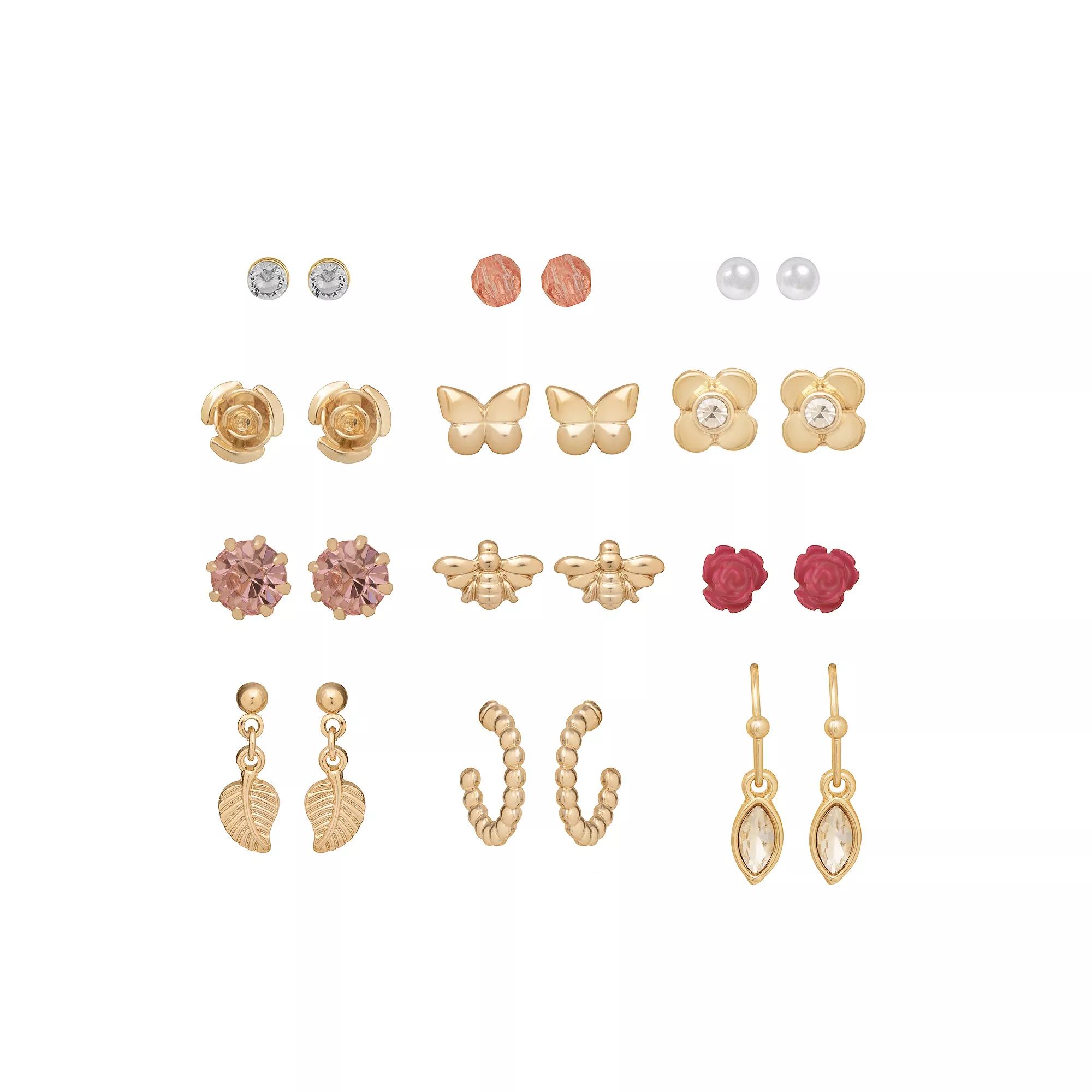 LC Lauren Conrad Gold Tone Crystal & Simulated Pearl Pink Flower Earrings 12-pack Set, Women's Product Image