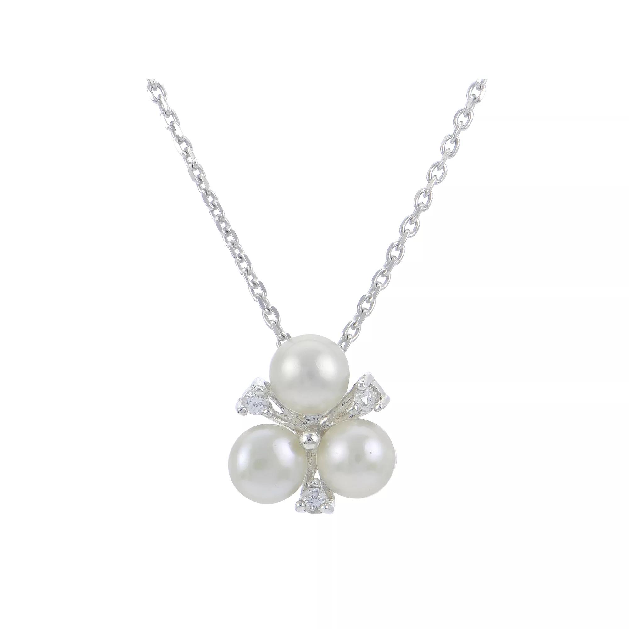 PearLustre by Imperial Sterling Silver Freshwater Cultured Pearl Lab-Created White Sapphire Clover Pendant Necklace, Womens Product Image