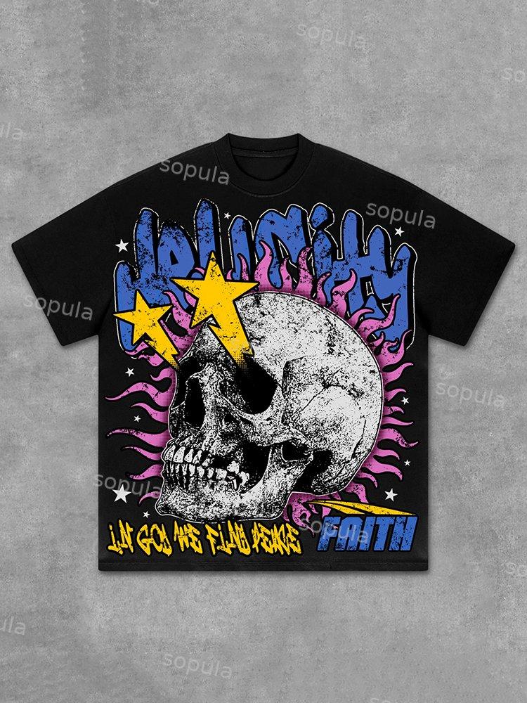 Flame Skull & Hell City Faith Vintage Old Graphic Cotton T-Shirt Product Image