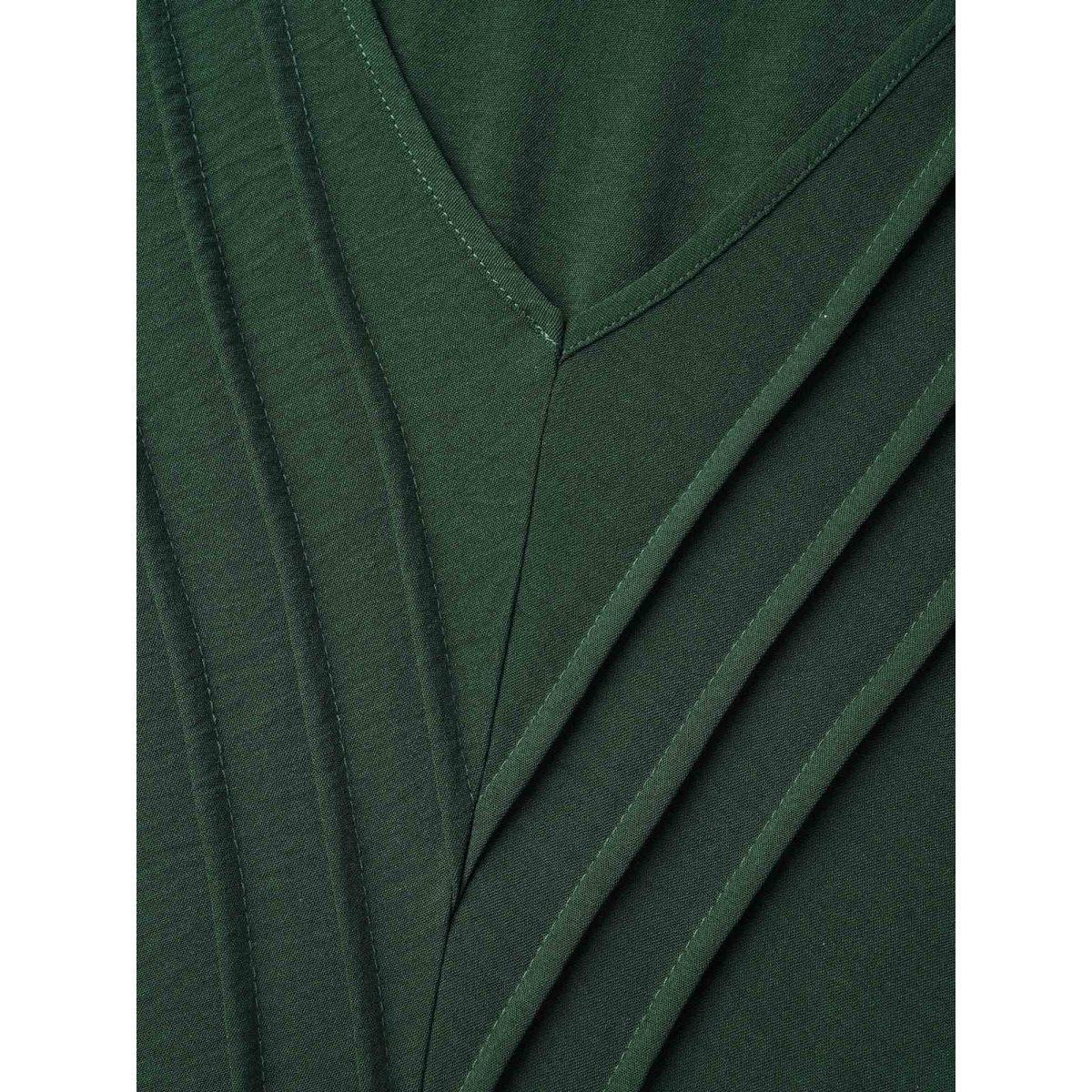 Plus Size Bib-Front V-Neck Pockets Tiered Midi Dress DarkGreen Women Timeless Tucked seam V-neck Short sleeve Curvy BloomChic 18-20/2X Product Image