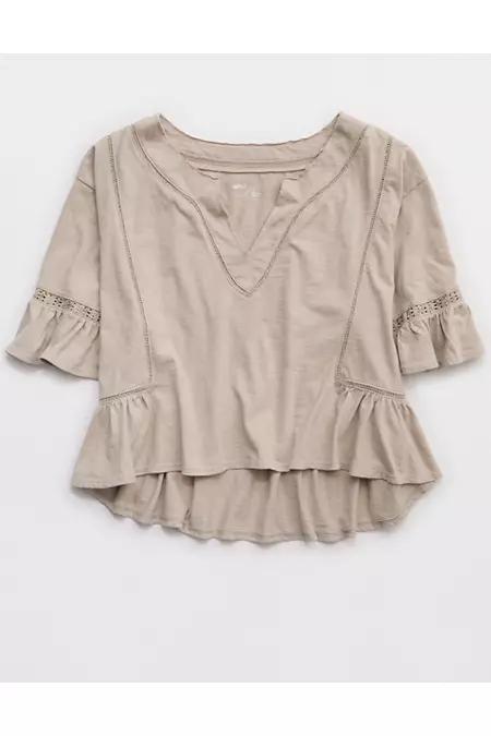 Aerie Flowy Cropped Notch Neck T-Shirt Women's Product Image