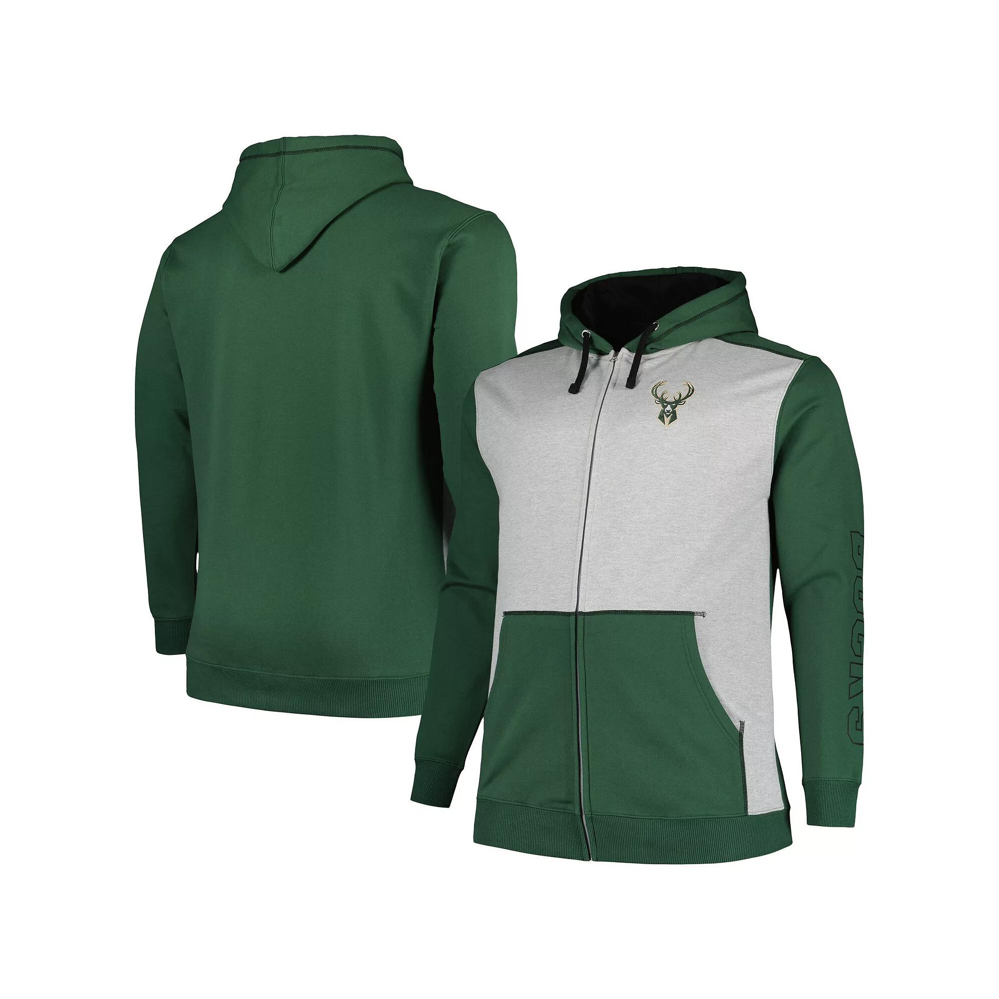 Men's Fanatics Branded Hunter Green/Heather Gray Milwaukee Bucks Big & Tall Contrast Pieced Stitched Full-Zip Hoodie, Size: 2XB, Team Product Image