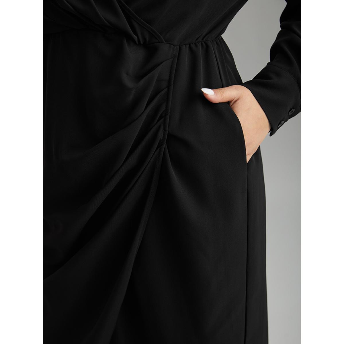 Plus Size Static-Free Solid Plicated Detail Wrap Dress Black Women Glamour Plain V-neck Long Sleeve Curvy Midi Dress BloomChic 10/M Product Image