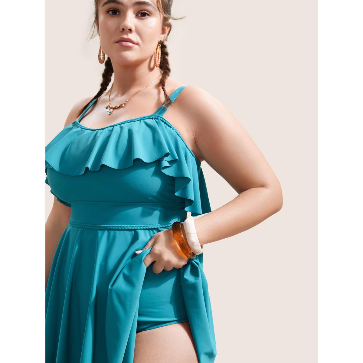 Plus Size Solid Ruffles Trim Adjustable Straps Swim Dress Women's Swimwear Teal Beach Bodycon Strapless High stretch Curve Swim Dresses BloomChic 30/6X Product Image