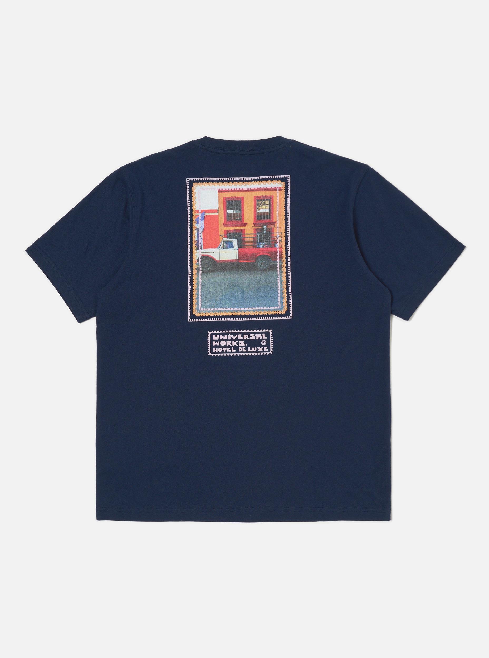 Universal Works Print Tee in Navy/Pink Single Jersey Pickup Product Image