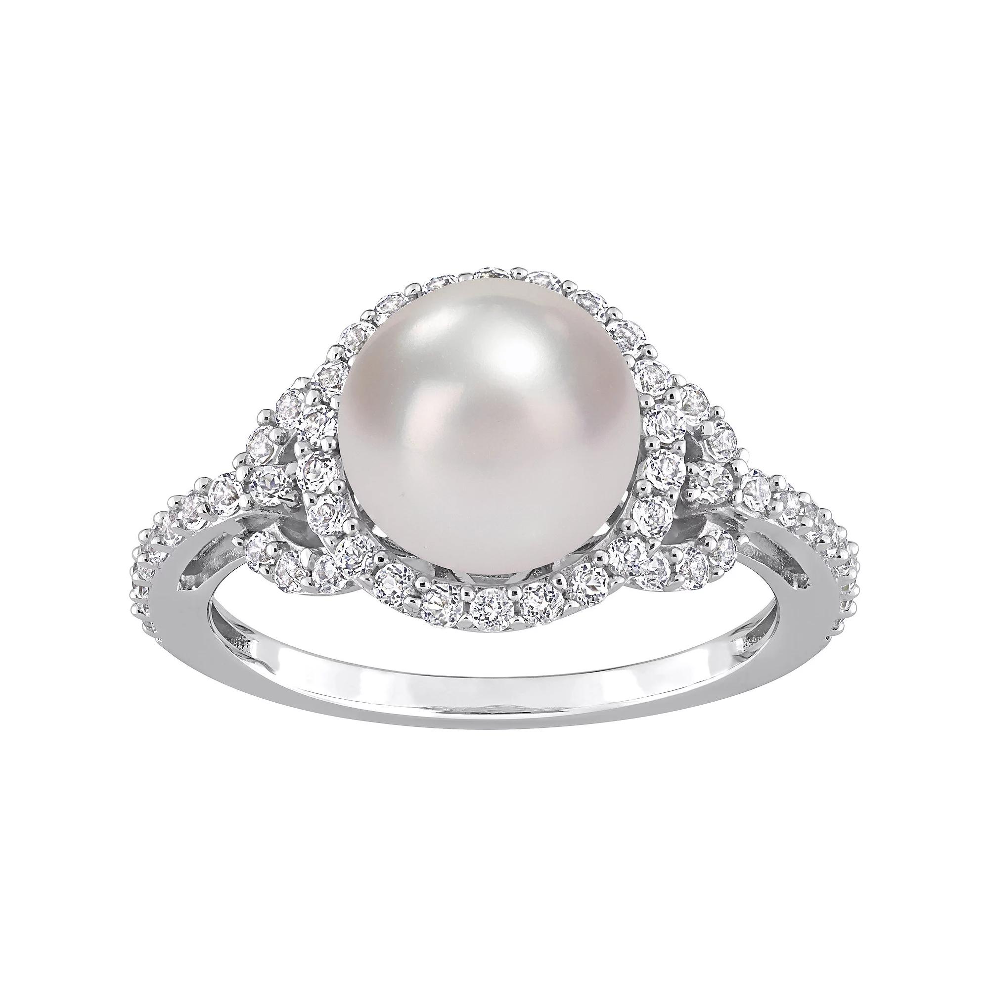 Stella Grace Sterling Silver Freshwater Cultured Pearl & White Topaz Halo Ring, Women's, Size: 8 Product Image