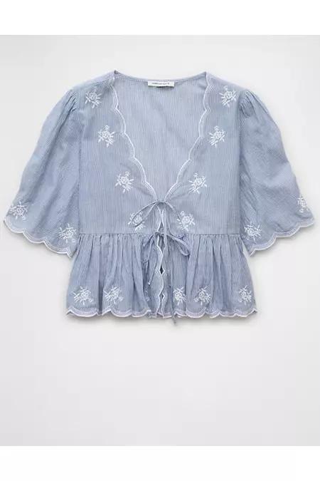 AE Embroidered Tie Front V-Neck Blouse Women's Product Image