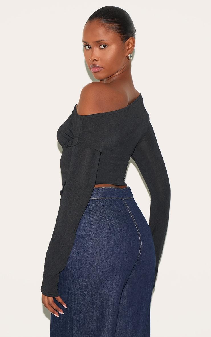 Black Slinky Asymmetric Neck Popper Detail Long Sleeve Top Product Image