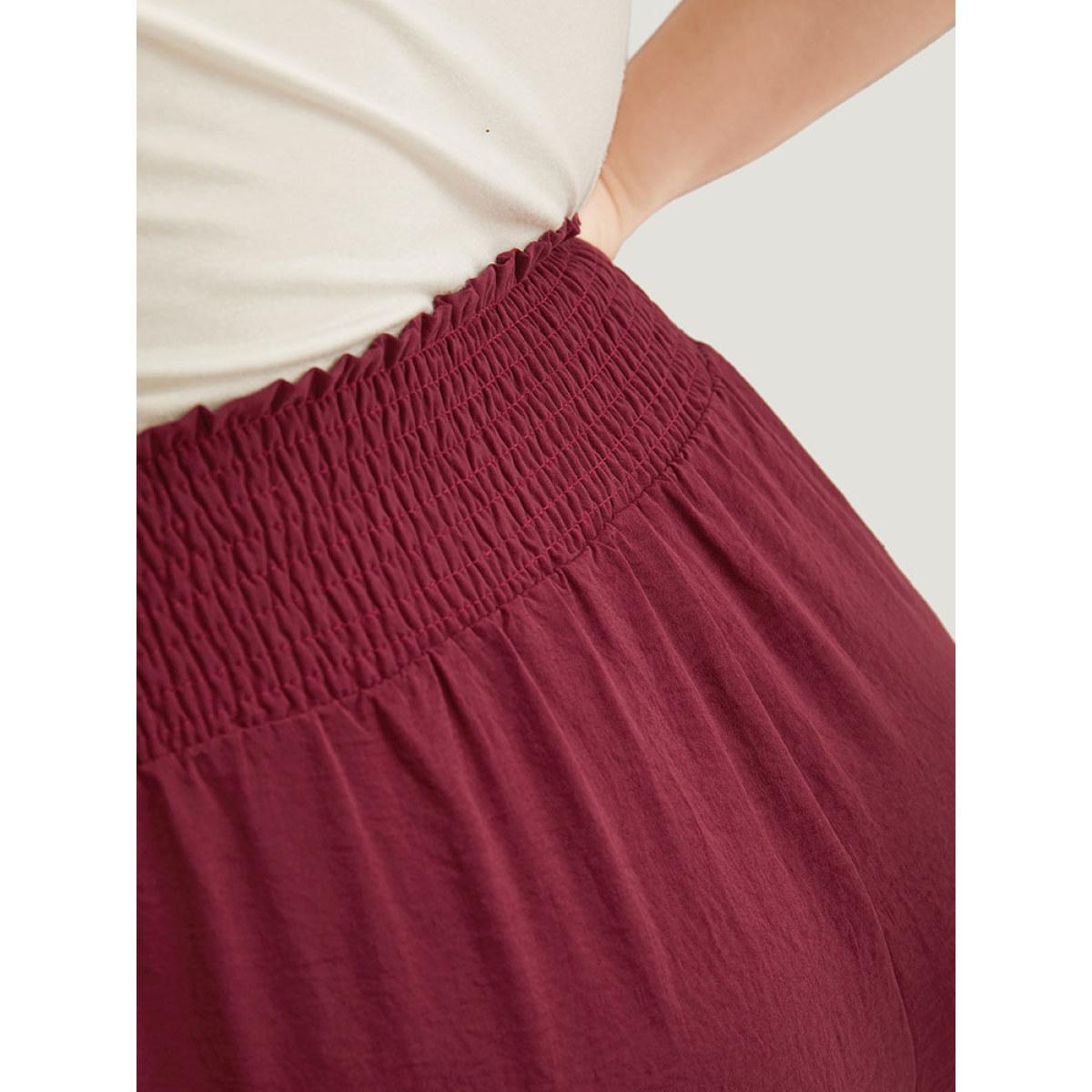 Plus Size Button Detail Shirred Wide Leg Pants Women Burgundy Glamour Wide Leg High Rise Going out Pants BloomChic 10/M Product Image