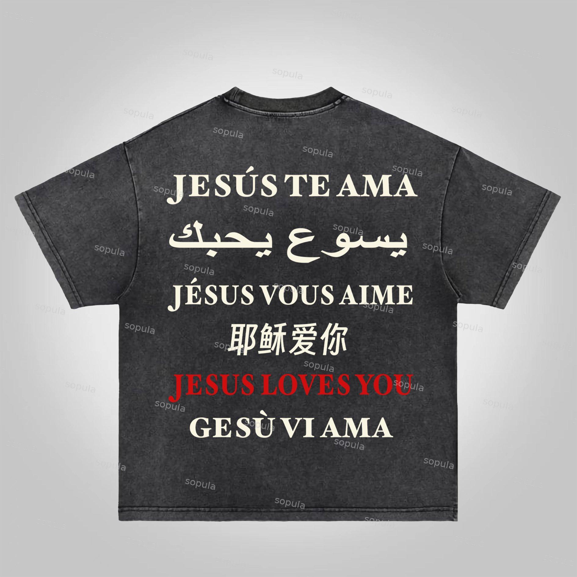Sopula I Love Jesus. Jesus Loves The World Graphics Acid Washed T-shirt Product Image