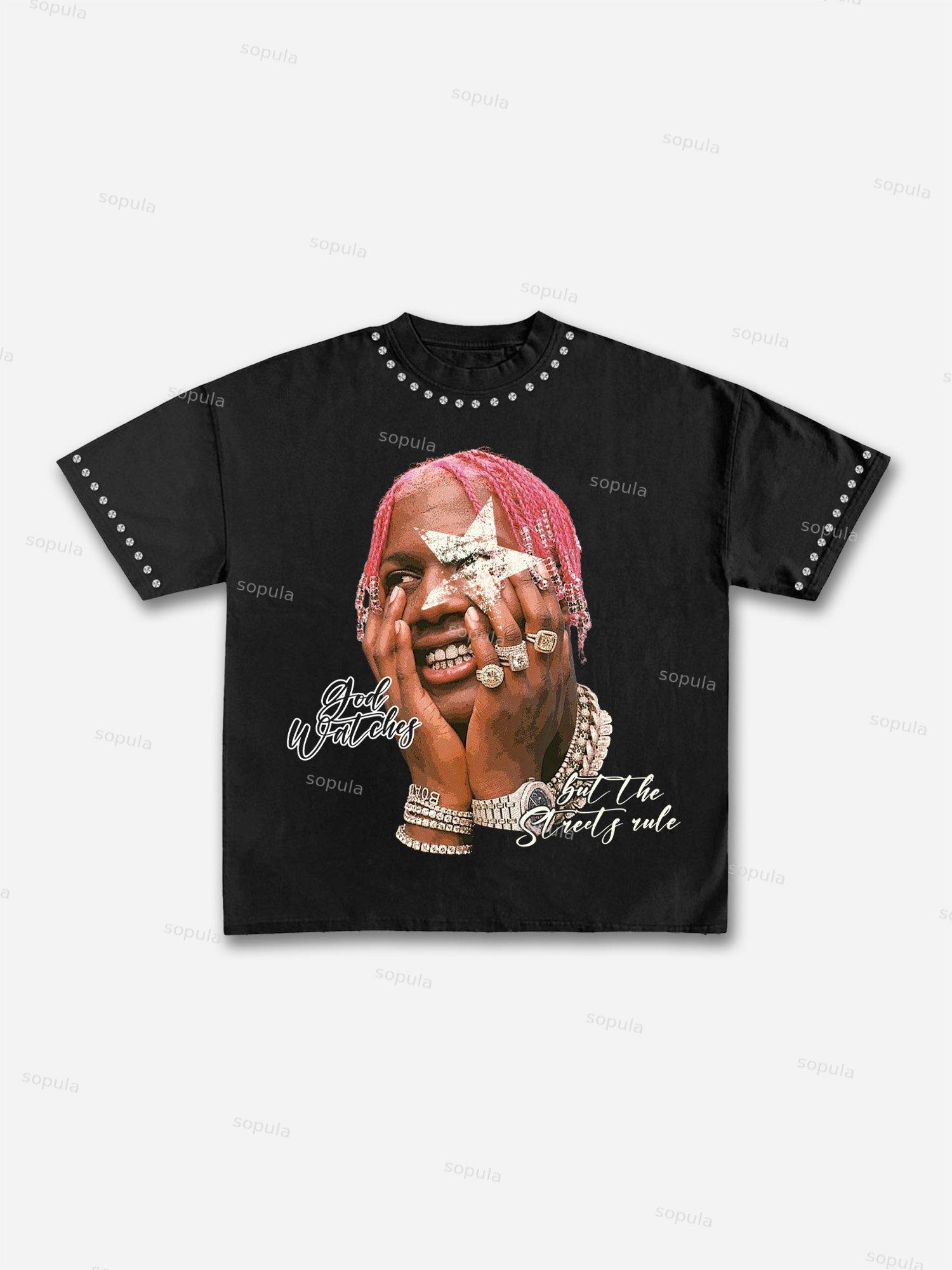 Street Star Portrait Rhinestone Graphic Cotton T-shirt Product Image