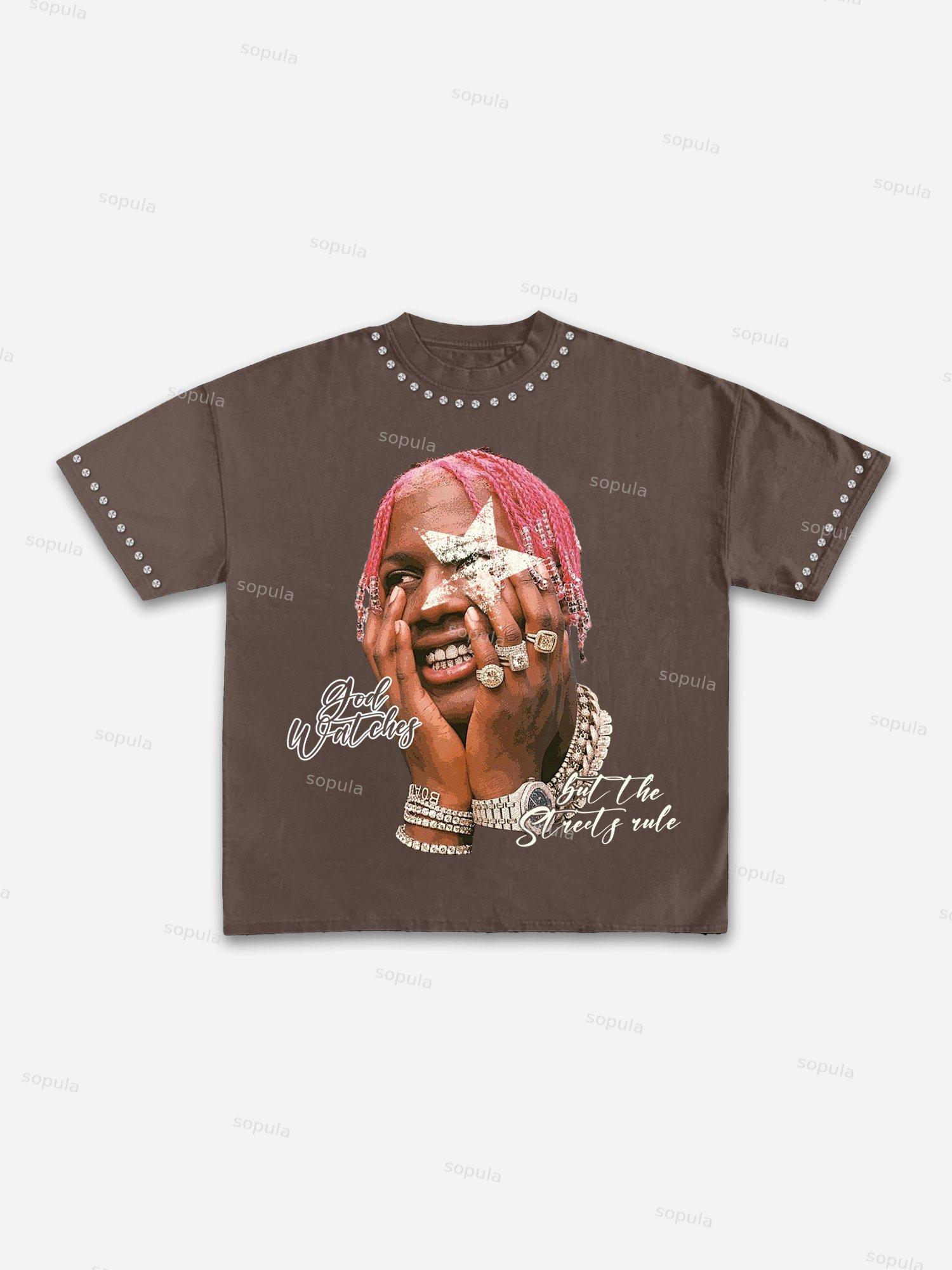 Street Star Portrait Rhinestone Graphic Cotton T-shirt Product Image