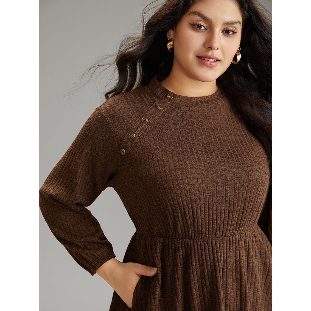 Plus Size Rib Knit Mock Neck Button Detail Lantern Sleeve Dress DarkBrown Women Office Elastic cuffs Mock Neck Long Sleeve Curvy Midi Dress BloomChic 10/M Product Image
