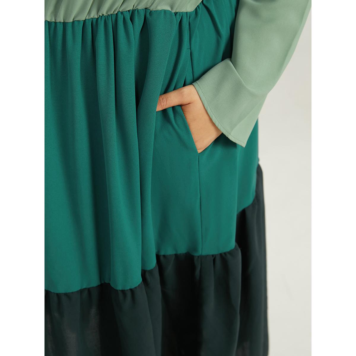 Plus Size Colorblock Contrast Keyhole Layered Hem Dress Mint Women Casual Plain Keyhole Cut-Out Long Sleeve Curvy Midi Dress BloomChic 30/6X Product Image