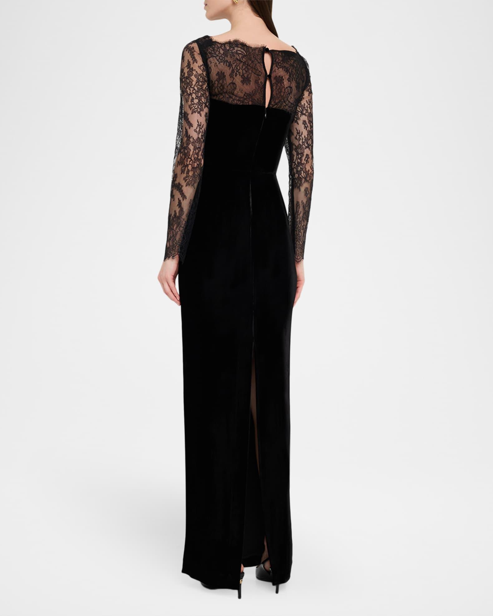 Lace Long-Sleeve Velvet Column Gown Product Image