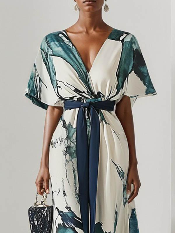 Batwing Sleeves Loose Printed Tied Waist V-Neck Evening Dresses Maxi Dresses Product Image