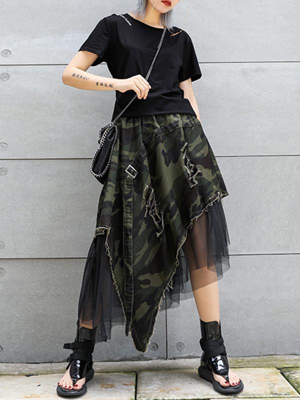 A-Line Loose Asymmetric Camouflage Elasticity Fringed Mesh Split-Joint Skirts Bottoms Product Image