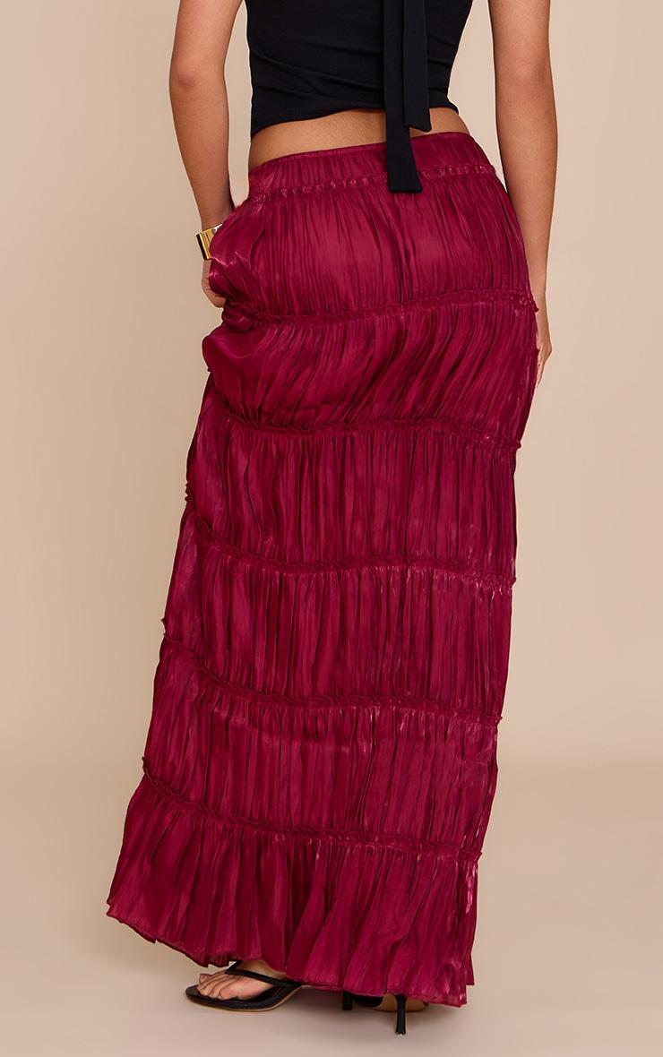  Deep Red Drawstring Frill Tiered Maxi Skirt Product Image