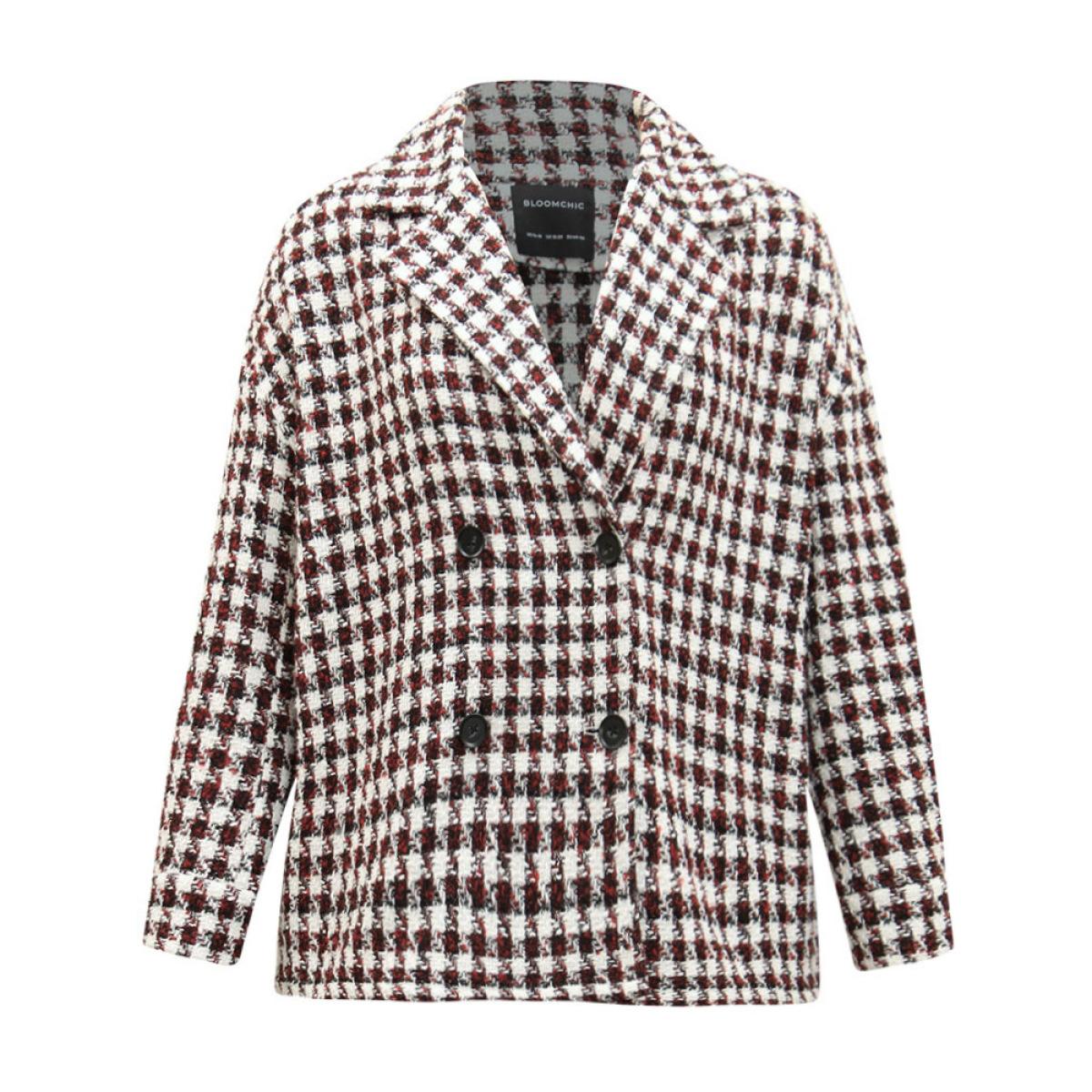 Plus Size Halloween Gingham Tweed Plisse Double Breasted Coat Women Raspberry Casual Texture Ladies Dailywear Winter Coats BloomChic 26/4X Product Image