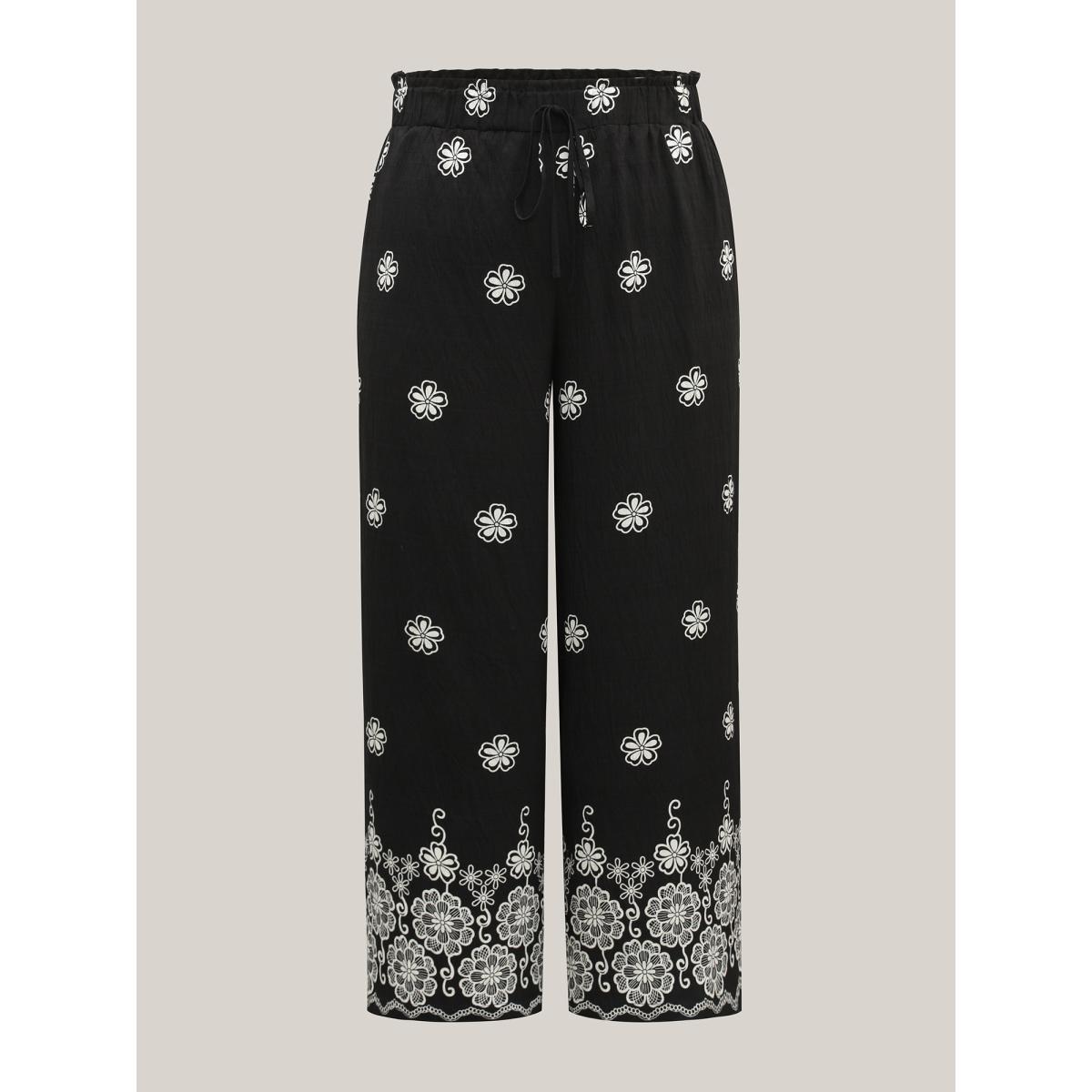 Plus Size Boho Print Drawstring Wide-Leg Pants Women BlackFlower Resort Wide Leg Mid Rise Vacation Pants BloomChic 10/M Product Image