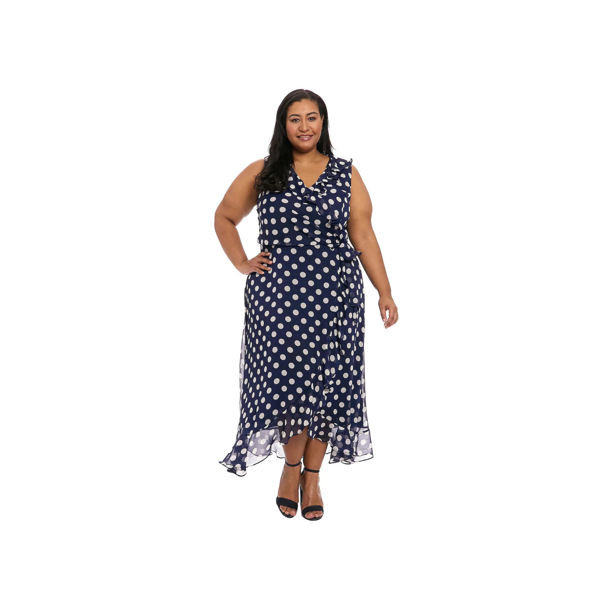 Plus Size London Times Side Tie Ruffle Faux Wrap Dress, Women's, Size: 20 W, Blue Dot Product Image