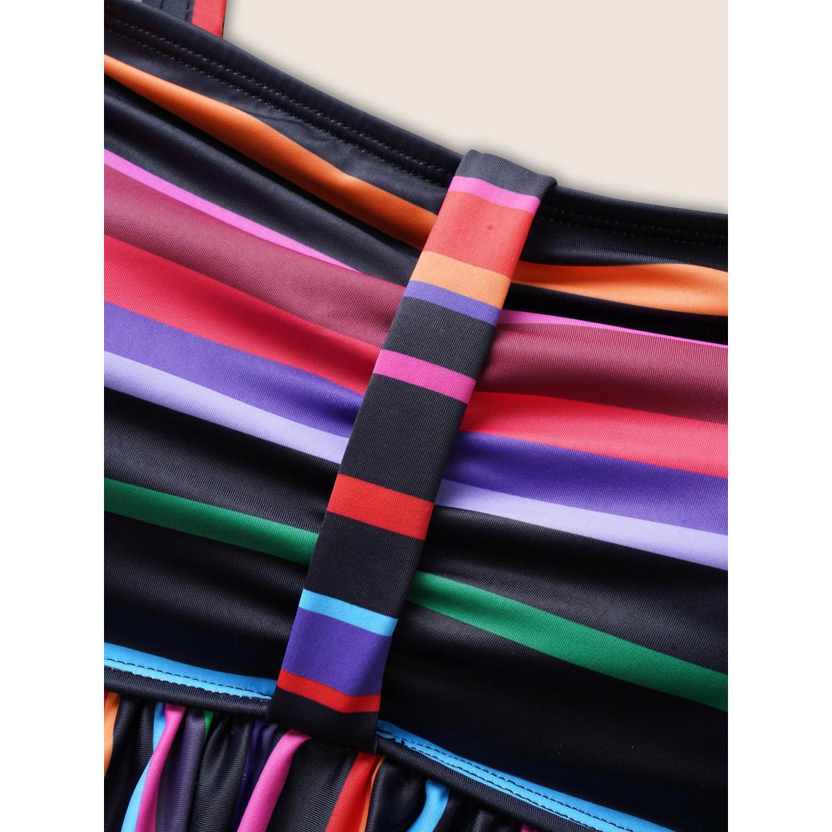 Plus Size Heart Neckline Striped Contrast Gathered Swim Top Women's Swimwear Black Beach Gathered High stretch Bodycon Heart neckline Curve Swim Tops BloomChic 14-16/1X Product Image