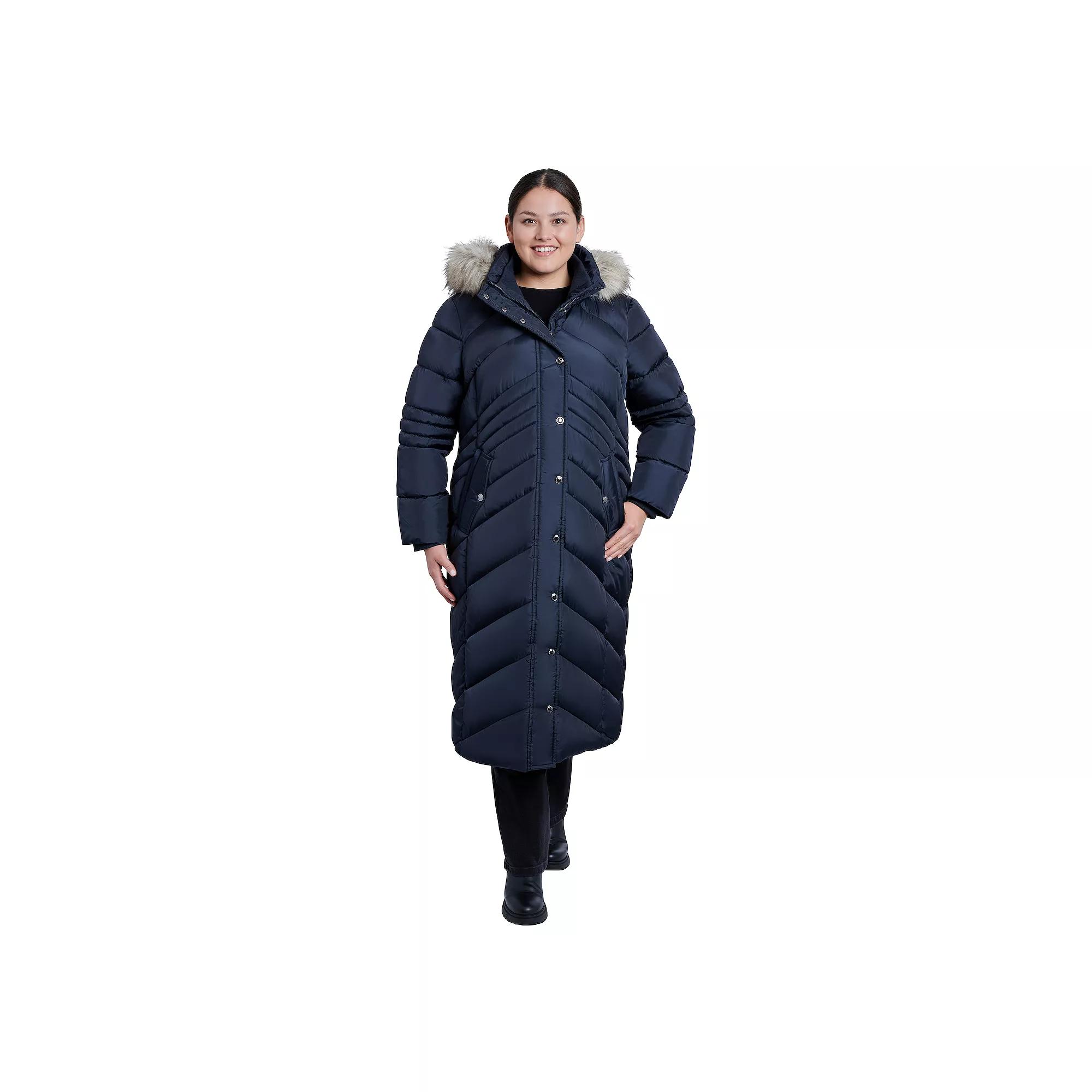 Plus Size London Fog Faux-Fur Hood Maxi Puffer Coat, Women's, Size: 2XL, Blue Product Image