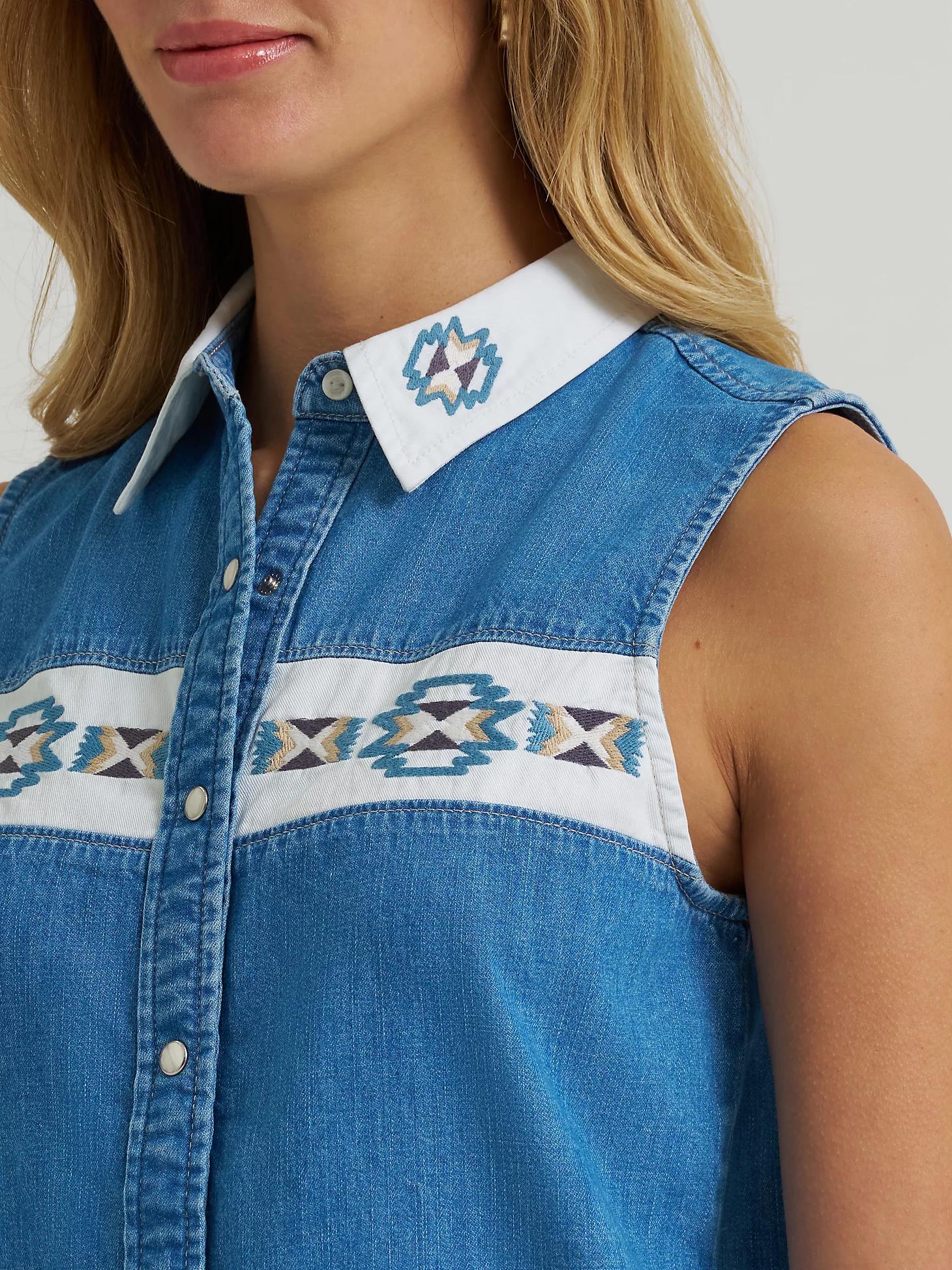 Women's Wrangler Embellished Denim Sleeveless Snap Shirt in Mid Denim Product Image