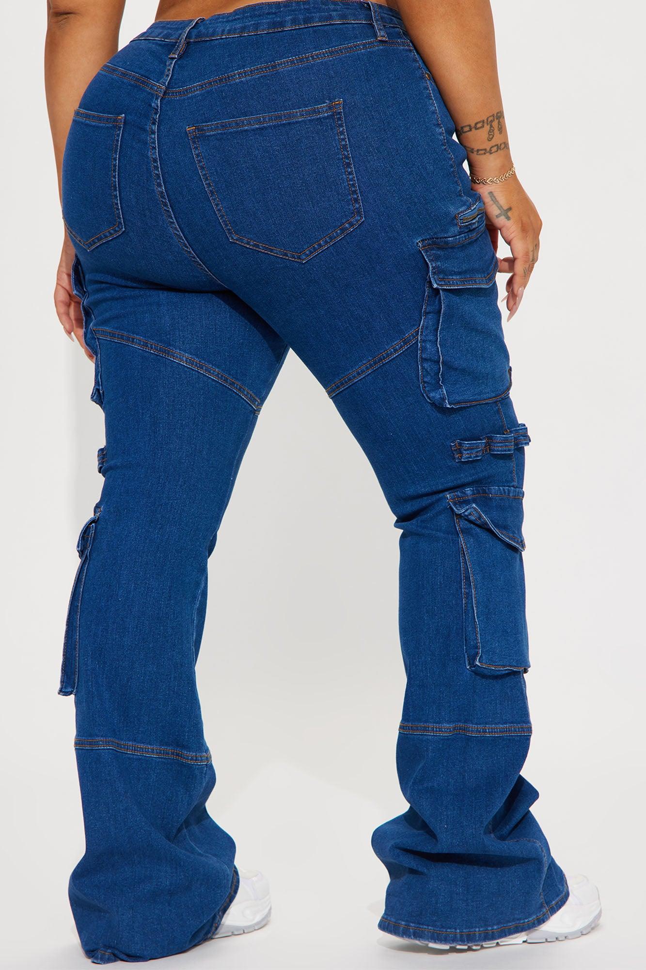 Warning You Mid Rise Stretch Flare Cargo Jean - Dark Wash Product Image
