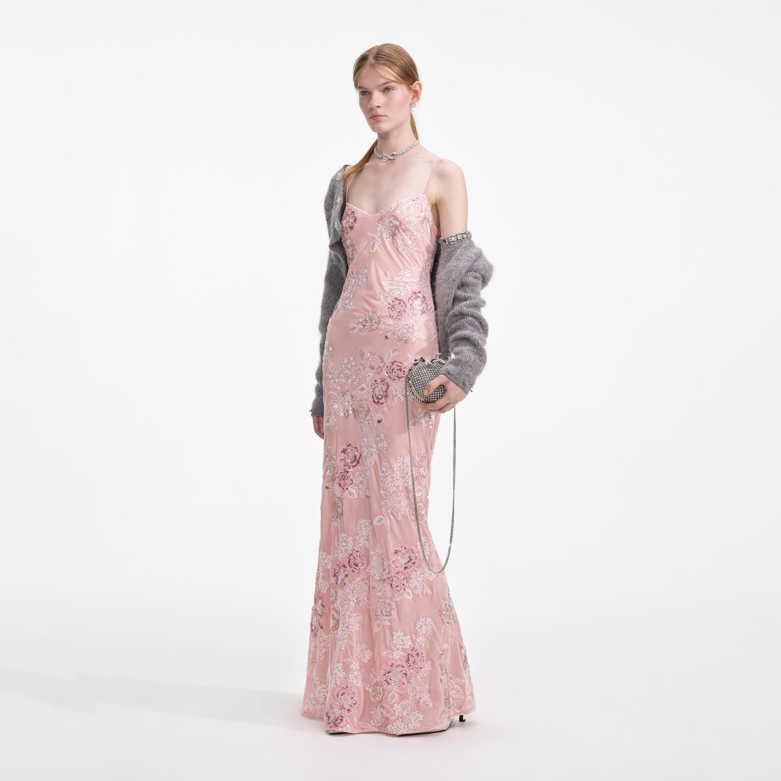 Pink Embellished Velvet Maxi Dress Product Image