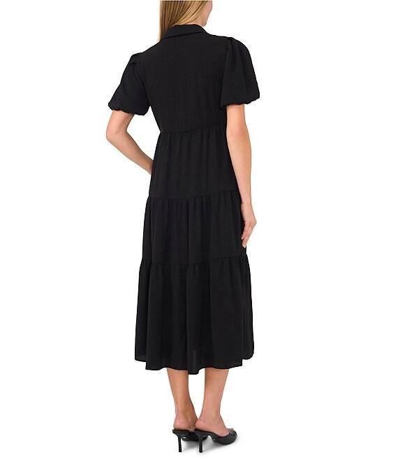 CeCe Gauze Point Collar Short Puff Sleeve Button Front Tiered Midi Shirt Dress Product Image