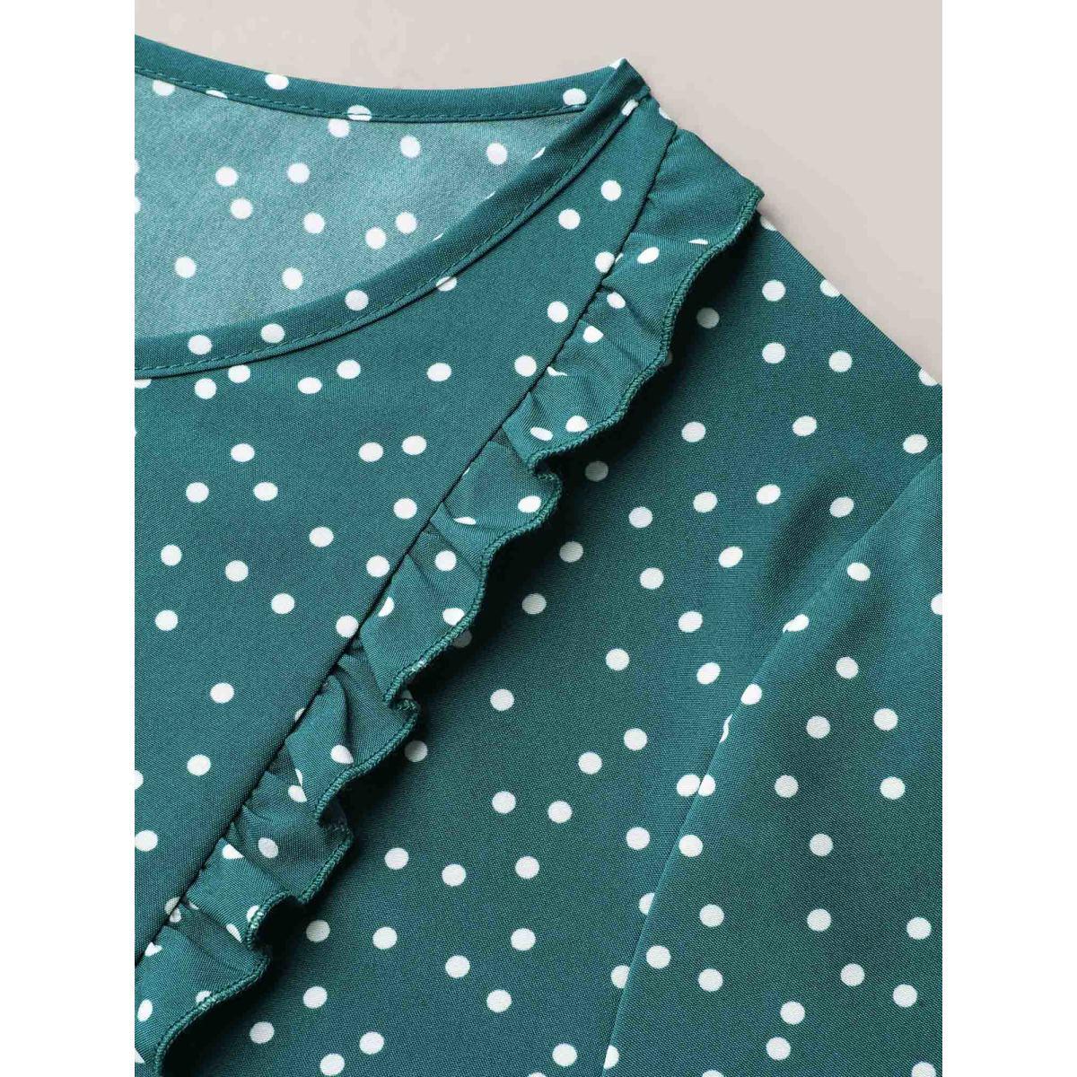 Plus Size Teal Polka Dots Ruffled Edged Stretchy-Waist Shirt Women Elegant Elbow-length sleeve Notched collar Everyday Blouses BloomChic 12/L Product Image