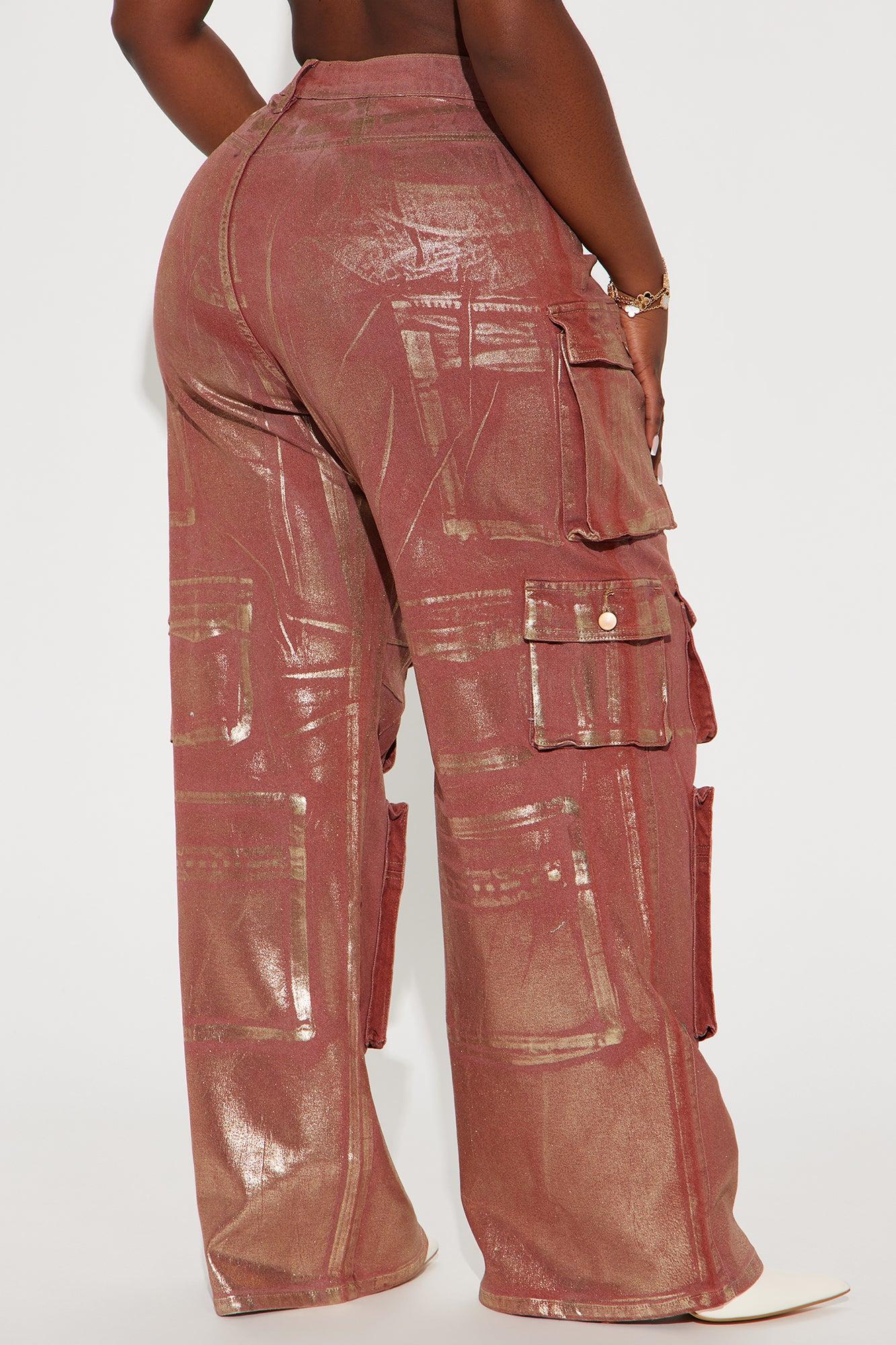Time To Shine Foil Baggy Cargo Jeans - Burgundy Product Image