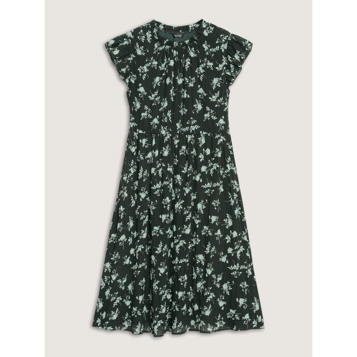 Plus Size Textured Silhouette Flower Stretchy Collar Midi Dress DarkGreen Women Office Mock Neck Cap Sleeve Curvy BloomChic 10/M Product Image