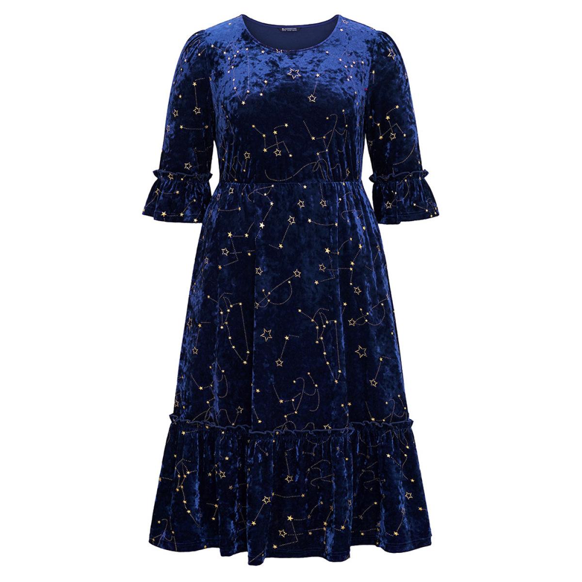 Plus Size Star Velvet Glitter Elastic Waist Crew Neck Dress Midnight Women Cocktail Velvet Round Neck Elbow-length sleeve Curvy Midi Dress BloomChic 22-24/3X Product Image