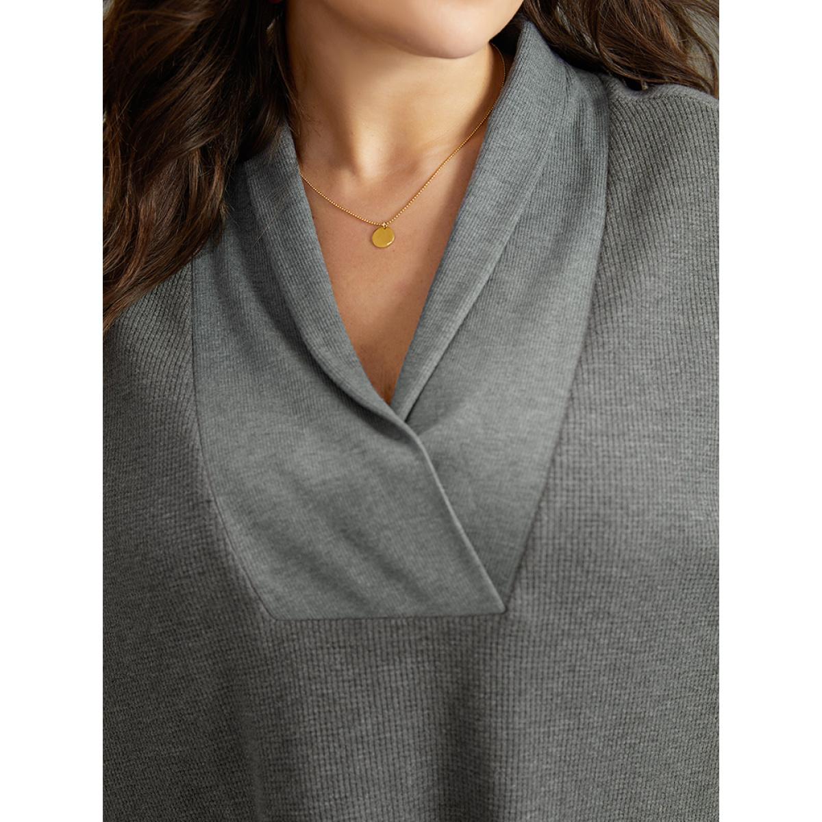 Plus Size Waffle Knit Batwing Sleeve Lapel Collar Sweatshirt Women Gray Casual Patchwork Lapel Collar Dailywear Sweatshirts BloomChic 28/5X Product Image