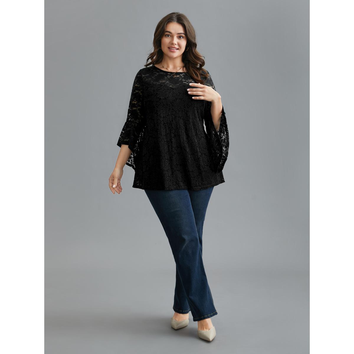 Plus Size Black Sheer Lace Irregular Sleeve Lined Shirt Women Elegant Long Sleeve Round Neck Everyday Blouses BloomChic 18-20/2X Product Image