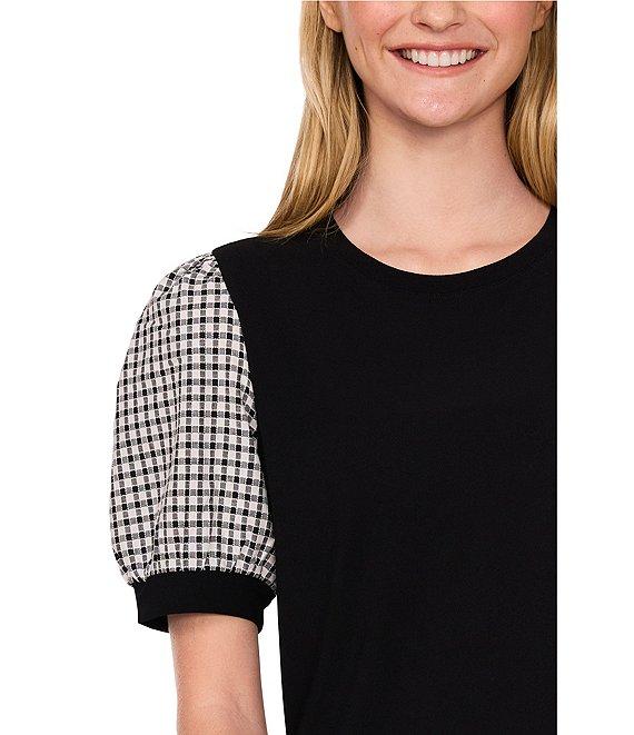 CeCe Crepe Knit Round Neck Gingham Puff Sleeve Top Product Image